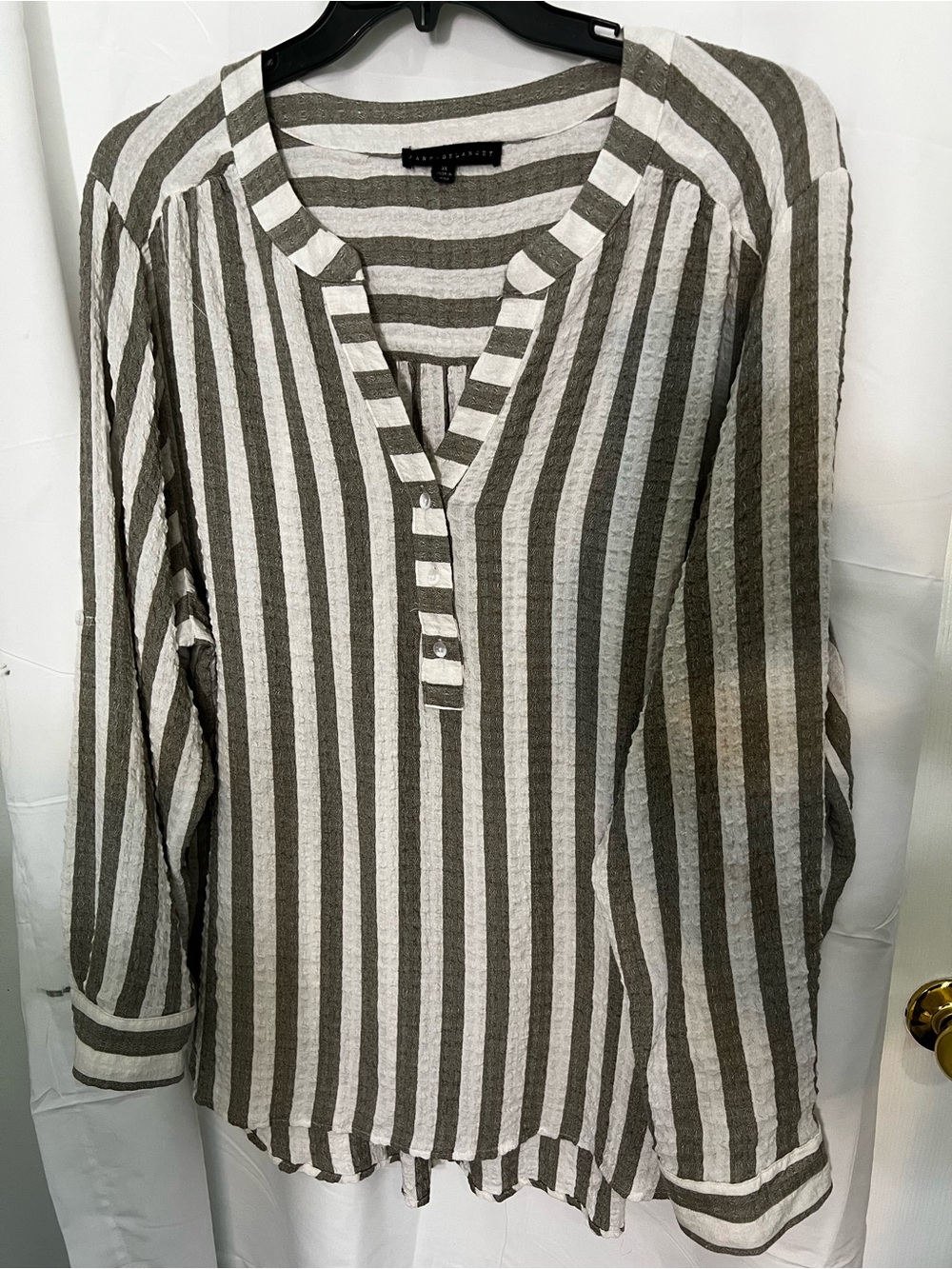 Jane and Delancey Gray & White Striped Henley Blouse